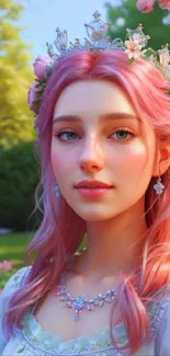 A pink-haired princess with a floral crown in a sunlit garden.