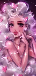 Dreamy pink heart mobile wallpaper featuring fantasy art and a whimsical female figure.