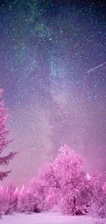 Pink forest under a starry night sky.