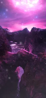 Pink night sky with mountains and stars.