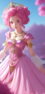 Fantasy pink princess in elegant attire amidst dreamy pink scenery.