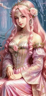 Enchanting artwork of pink-haired princess in a mystical forest setting.