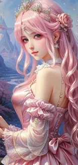 Enchanting pink-haired princess in fantasy castle setting, dreamy and magical.