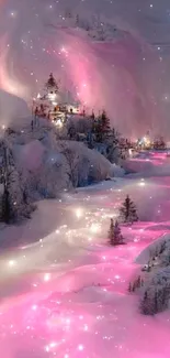 Enchanting pink river flows through snowy forest landscape in mystical setting.