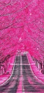 Vibrant pink road wallpaper with trees forming a stunning tunnel.