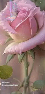 Pink rose with a butterfly creating a serene artful display.