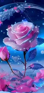 Pink rose in magical bubble against blue background.