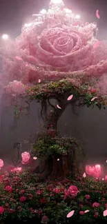 Enchanting pink rose tree in mystical garden setting.