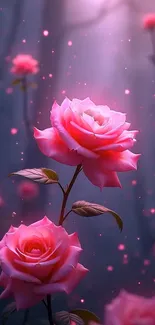 Enchanting pink roses blooming in a mystical forest setting.