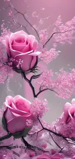 Mobile wallpaper featuring enchanting pink roses and delicate branches.