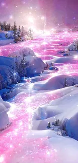 Magical pink snow landscape with sparkling snow and serene ambiance.