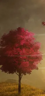 Solitary pink tree on a grassy hill under dramatic skies.