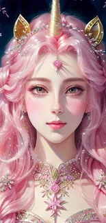 A pink-haired unicorn lady in fantasy art on a mobile wallpaper.