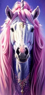 Pink-maned unicorn with purple background art.