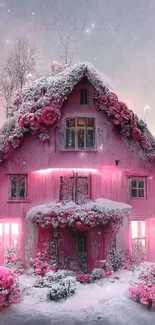 Whimsical pink cottage in snowy winter landscape.