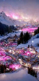 Enchanting pink-lit winter village in snow.