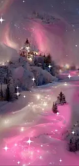 Magical pink winter landscape with stars.