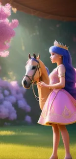 A princess with a horse in a pink floral meadow.