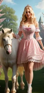 Princess in pink dress with white horse in a floral garden.