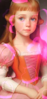 Young girl in a gown with pink hearts background.