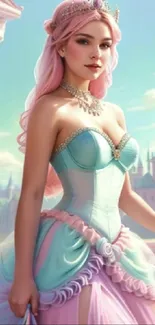 Fantasy princess with pastel pink hues in a castle setting.