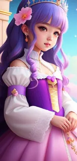 Purple-haired princess in a fantasy realm with castle view.