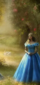 Princess in blue gown in magical forest scenery.