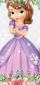 Cartoon princess in a purple dress with floral decor and snowflakes.