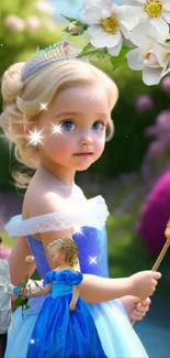 Little princess holding a scepter in a colorful garden setting.