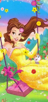 Princess in yellow dress on swing with flowers and rainbow.