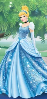 Enchanting princess in a blue gown with a garden backdrop.