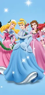 Mobile wallpaper of animated princesses in colorful gowns on a sky blue background.