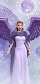 Purple winged angel with celestial backdrop.