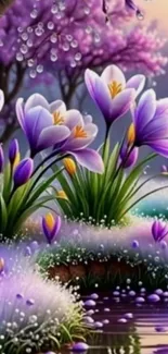 Purple blossoms and greenery wallpaper with a serene landscape.