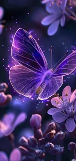 Purple butterfly glows amidst flowers in artistic wallpaper.
