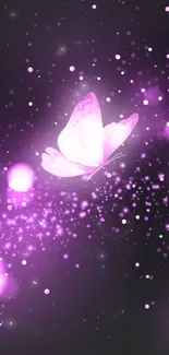 Purple butterfly glowing with sparkles on a black background.