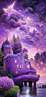 Enchanting purple castle in a dreamy fantasy landscape with magical clouds.