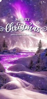 Enchanting purple Christmas scene with snow and lights.