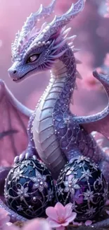 Purple dragon with eggs among cherry blossoms.