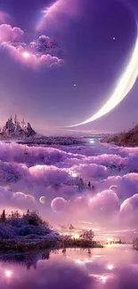 Mystical purple landscape with crescent moon and clouds reflecting a fantasy castle.