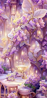 Ethereal purple dreamscape with glowing lanterns and flowers.