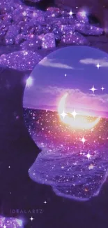 Purple dreamscape wallpaper with crescent moon and cosmic reflections.