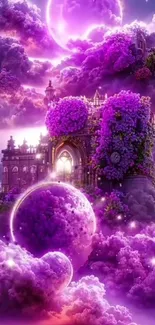 Purple dreamscape with enchanted castle and celestial clouds.