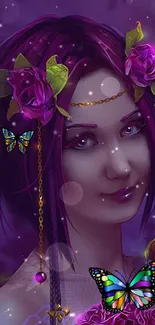 Fantasy purple fairy with butterflies and flowers.