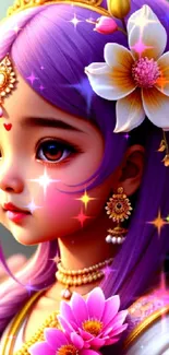 Fantasy art depicting a purple-haired character with floral elements.