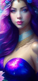 Mystical woman in vibrant purple and blue art.