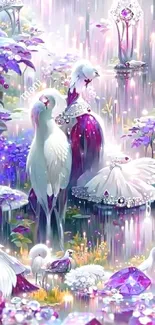 Fantasy birds amidst purple jewels and lush flora, enchanting wallpaper.