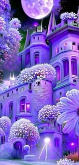 Purple fantasy castle wallpaper with dreamy flowers and moonlit sky.