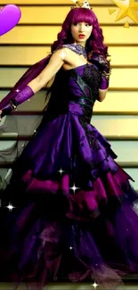 Woman in a royal purple dress on a staircase with magical elements.