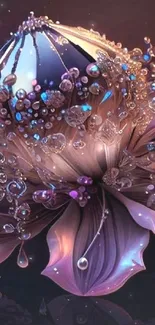 Enchanting purple fantasy flower with sparkling droplets in artistic design.